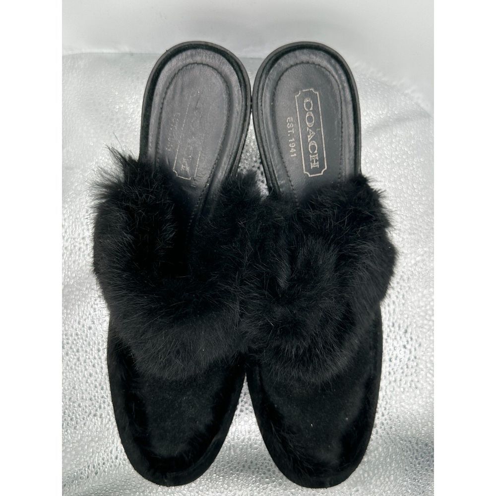 COACH Kaela Black Suede Rabbit Fur Slip On Clogs Mules With Wedge Heels - US 9